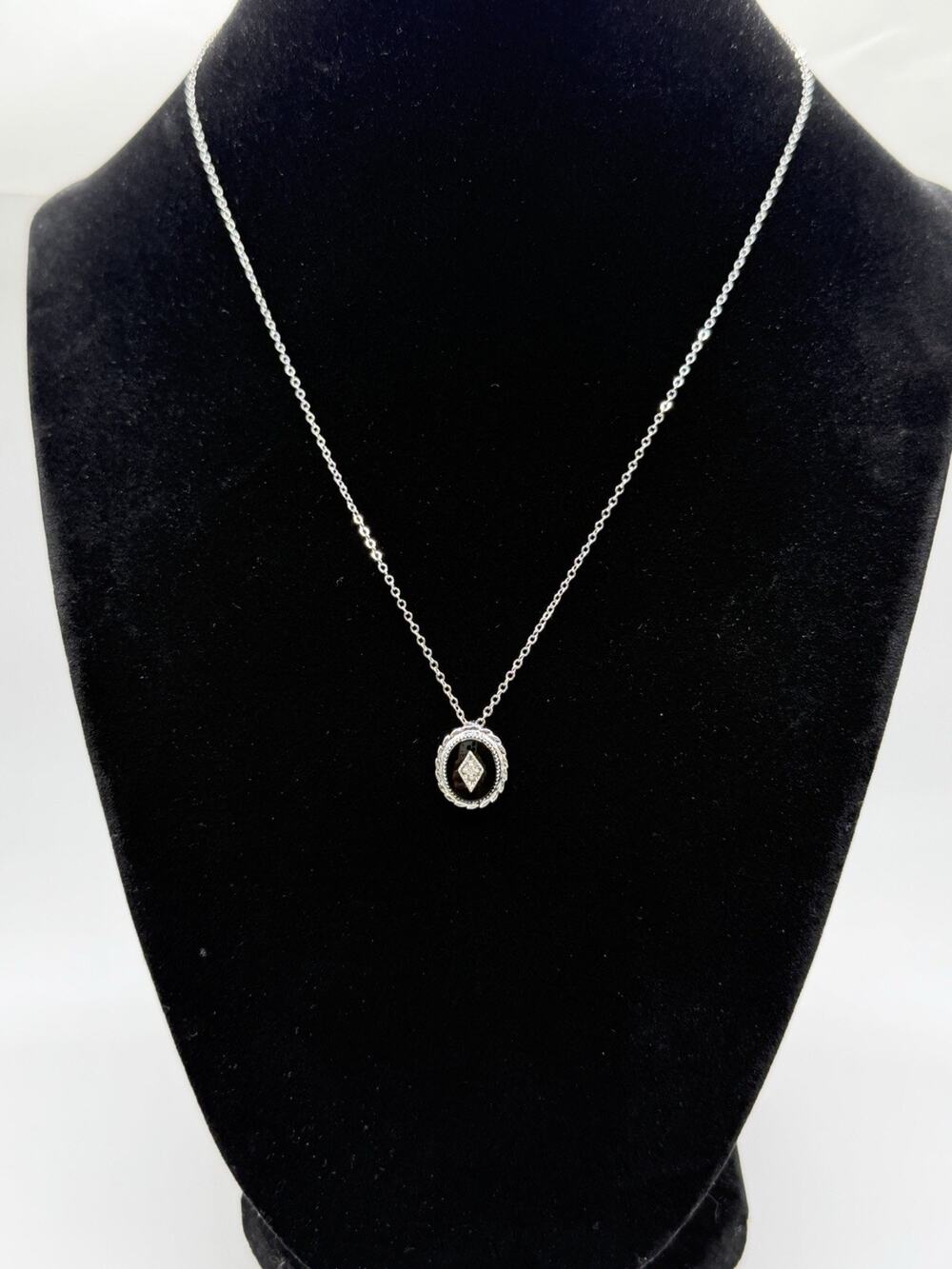 Vintage 14K White GF Black Onyx Diamond Accent Pendant Necklace Signed K.L. 16"